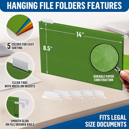 50 Pack Hanging File Folders Letter Size 8.5 x 11 - Colored File Folders Hanging with 1/5-cut Tabs - File Cabinet Folders - Letter Size Hanging File Folder Bulk - Hanging Folders for Filing Cabinet