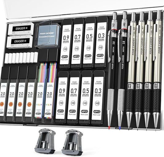 Four Candies 25PCS Mechanical Pencil Set with Case, Art Supplies with Metal Pencil 0.5, 0.7, 0.9 mm & 3PCS 2mm (HB 2H 2B 4B Color) & 432 Graphite Lead Refills, Technical Drawing Kit for Teen & Adults