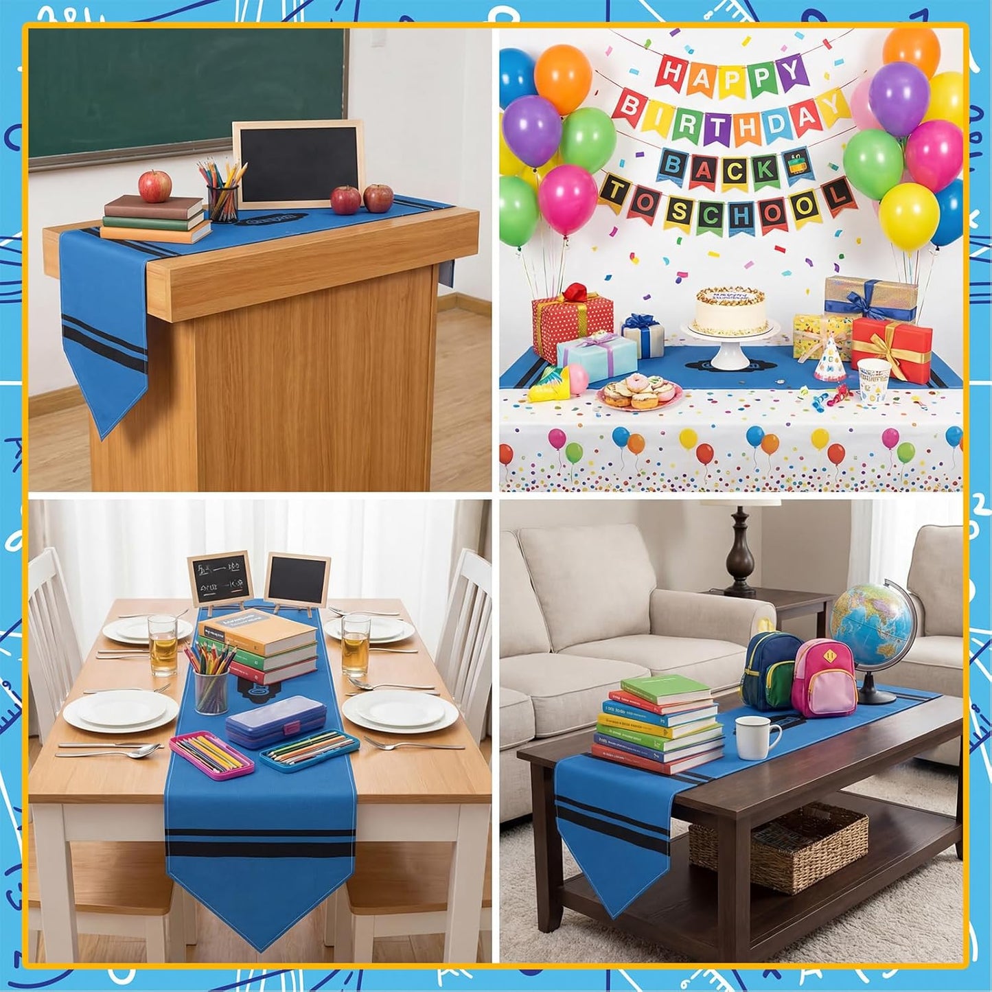 Breling 4 Pcs Preschool Graduation Decorations Table Runner Kindergarten Graduation Tablecloth Composition Pencil Crayon Ruler Notebook Table Runner for School Dining Room Classroom Party Decoration
