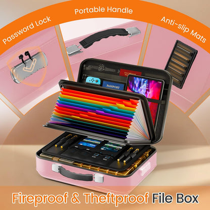 Fireproof Document Box with Lock, 5200°F Fireproof Water Resistant Hard Case File Organizer Safe Box for Important Documents, Certificates, Laptop, Passports (Black)