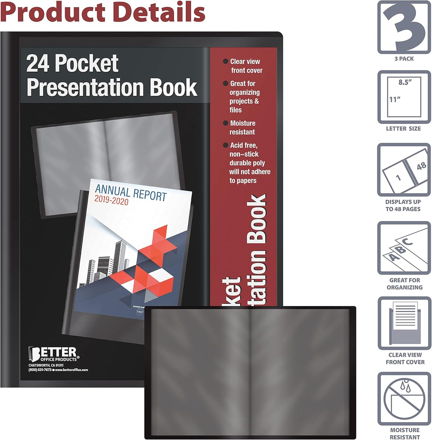 Better Office Products 24 Pocket Bound Sheet Protector Presentation Book, 3 Pack, Clear View Front, 48 Page Capacity, Art Portfolio, Durable Black Poly Front and Back Covers, Letter Size