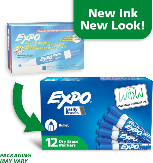 EXPO Dry Erase Markers, Low Odor Ink, Blue, Bullet Tip, 12 Count - Whiteboard, Calendar, Organization, Essential Supplies for Office, School, Classroom, Teachers