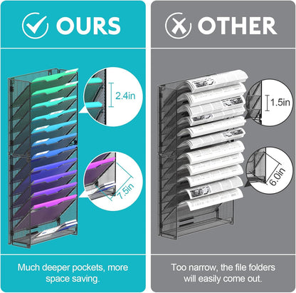 samstar 10 Tier Wall File Organizer, Hanging Wall Mount File Holder Paper Folder Mail Organizer, Mesh Metal, Black.