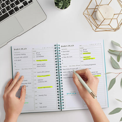 Daily Planner Undated, Asten To Do List Notebook Hourly Schedules Spiral Appointment Planner for Men and Women,PVC Hardcover,Elastic Closure, Inner Pocket 8.3" x 5.8" (Black)