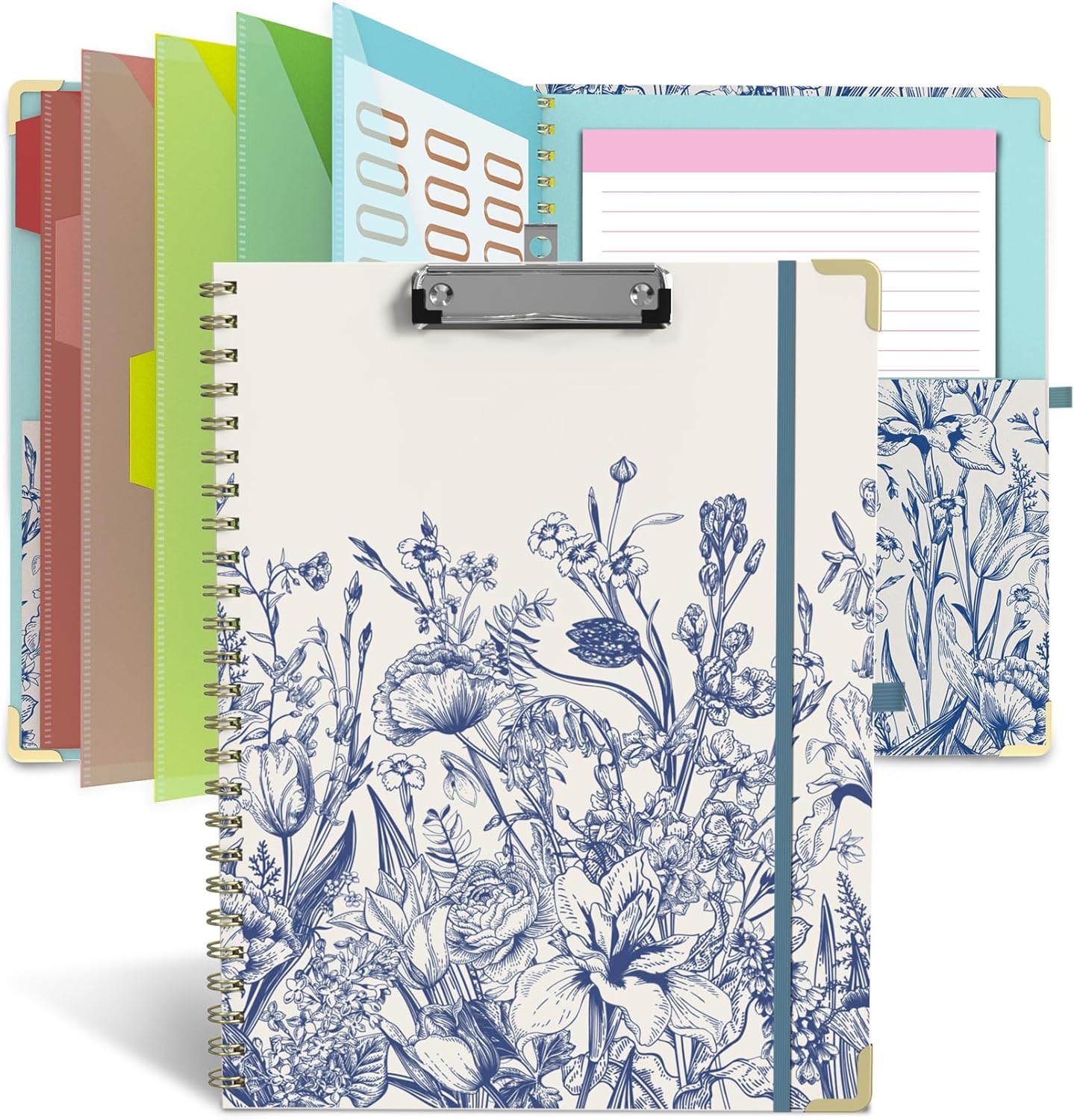 Clipboard Folder with Notepad Refillable Lined for Letter Size (11" x 8.5"), 5 Dividers with Storage 10 Pockets, Cute Spiral Foldable Clipboard with Metal Clip School Office Supplies (Sunflowers)
