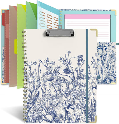 Clipboard Folder with Notepad Refillable Lined for Letter Size (11" x 8.5"), 5 Dividers with Storage 10 Pockets, Cute Spiral Foldable Clipboard with Metal Clip School Office Supplies (Sunflowers)