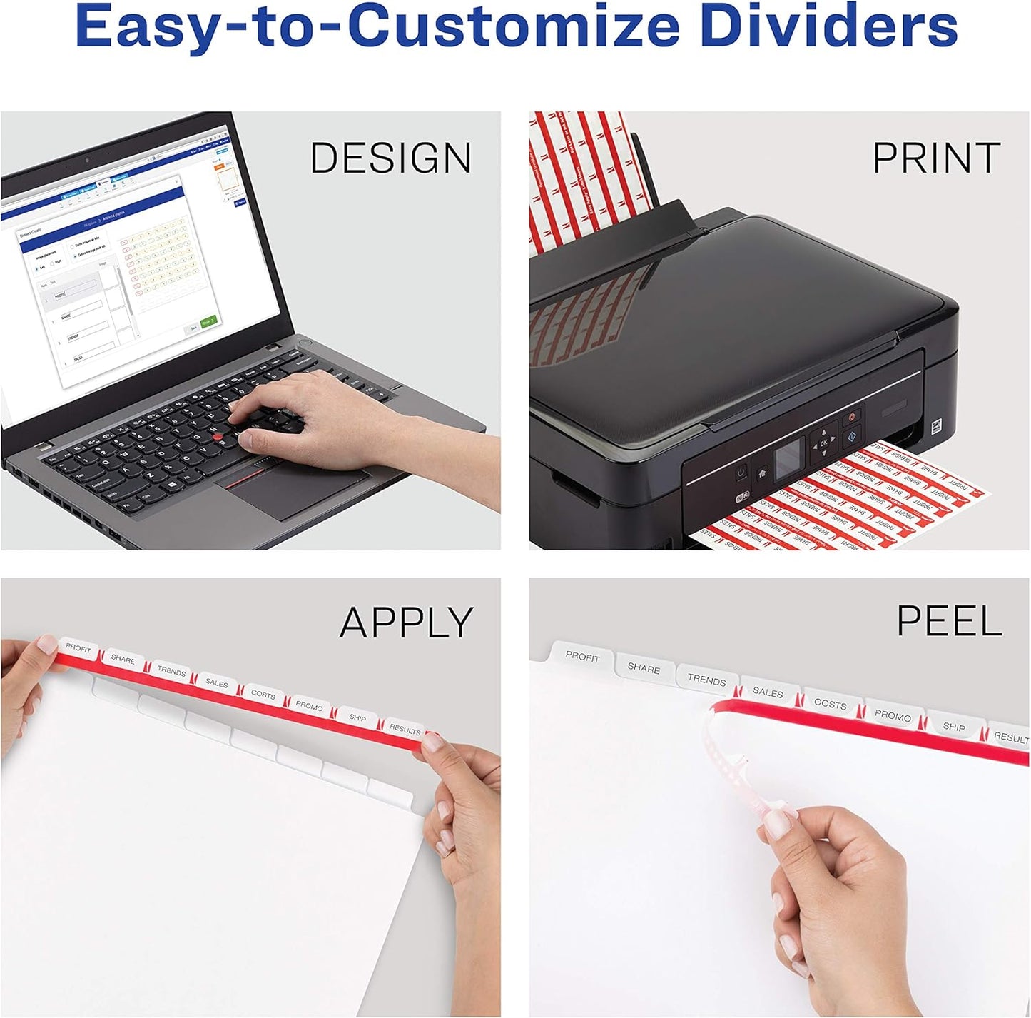 Avery 5 Tab Dividers for 3 Ring Binder, Easy Print & Apply Clear Label Strip, Index Maker Customizable White Tabs, 25 Sets (11446)