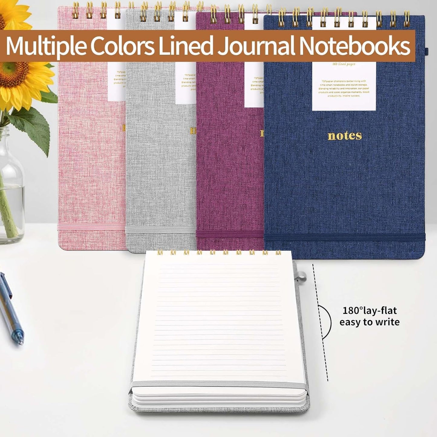 A5 Top Spiral Notebook – Hardcover Journal 160 Pages 100 GSM Thick Paper With Elastic Band & Pen Holder Steno Pads College Ruled Writing Notebooks for Work School Travel Pink
