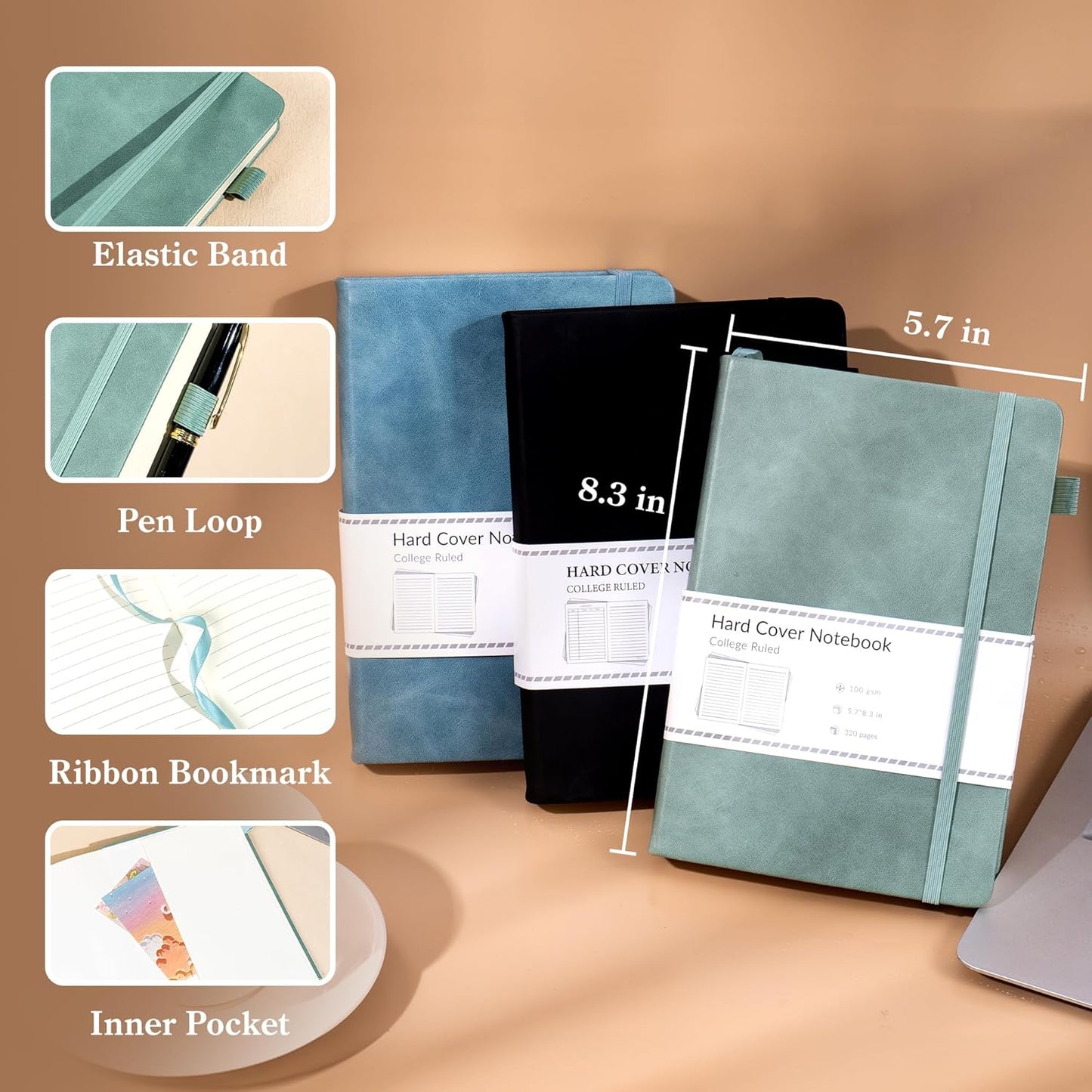 CAGIE Bullet Dotted Journal Notebook 320 Pages 100 GSM Paper Hardcover A5 Dot Grid Notebook Leather Journals for Writing Women Men Work Journaling, Green