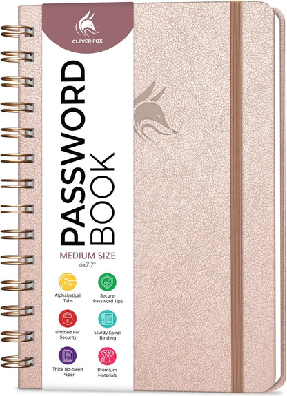 Clever Fox Password Book Spiral – Internet Address & Password Organizer with Laminated Alphabetical Tabs – Password Keeper Journal – Hardcover, Medium Size, 6.1x7.7” (Mystic Blue)