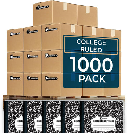 Rosmonde College Ruled Composition Notebooks 5 Pack, 200 Pages (100 Sheets), 9-3/4" x 7-1/2", White & Black Marble Composition Book, Hard Cover, Sturdy Sewn Binding, School, College & Office Supplies