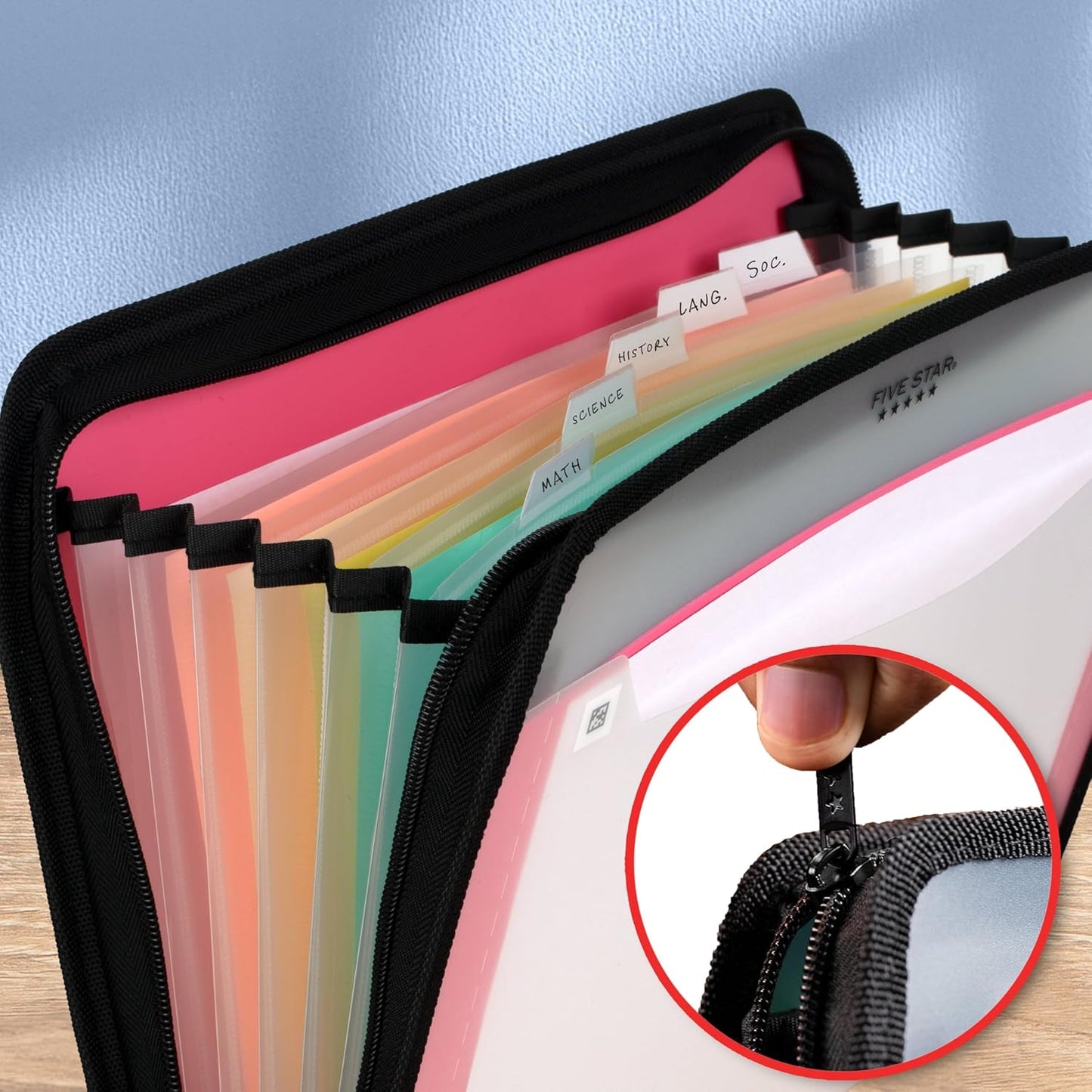 Five Star Expanding File Organizer + Study App, 7-Pocket Accordian File Organizer, Zipper Closure, Holds 8-1/2" x 11" Paper, Prom Pink (350099R)