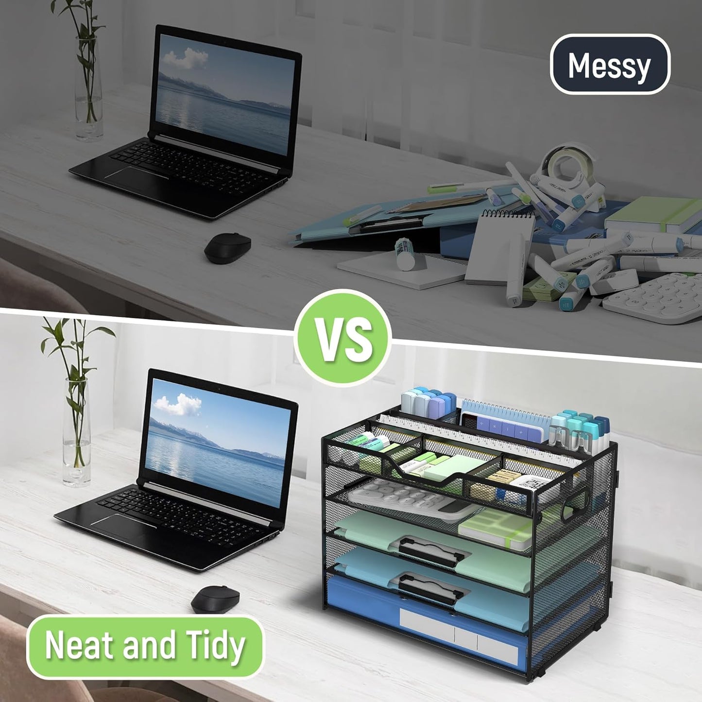 Docnest 5 Tier Letter Tray with Hanging File Organizer-Mesh Desk Organizer-Desktop Storage Box Built in Pen Holder and Handles, File Folder Holder for Mail Documents Office Supplies-Black