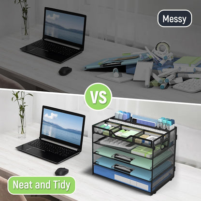 Docnest 5 Tier Letter Tray with Hanging File Organizer-Mesh Desk Organizer-Desktop Storage Box Built in Pen Holder and Handles, File Folder Holder for Mail Documents Office Supplies-Black