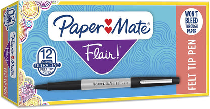 Paper Mate Flair Felt Tip Pens, Ultra Fine Point (0.4mm), Black Ink, 12 Count - Office Supplies, No Bleed, For Precise and Expressive Writing
