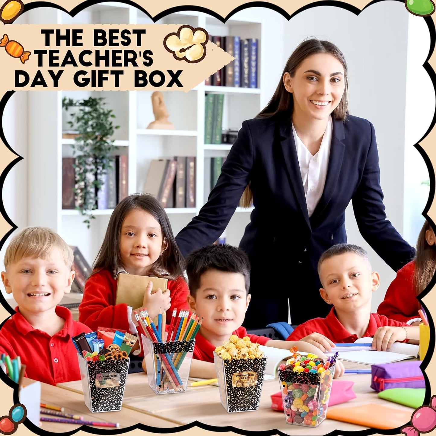 Mimorou 6 Pcs Teacher Gift Box Teacher Appreciation Gift Container Thank You Pencil Notebook Composition Book Crayon Candy Popcorn Holders for End of Year Graduation Party (Notebook)