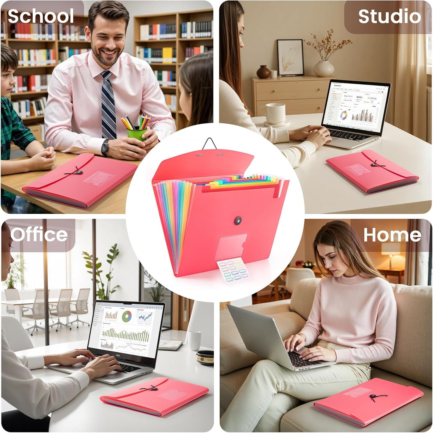 13 Pocket Accordion File Organizer with Elastic Closure, Expanding File Folder for Letter Size A4 Papers, Ideal for Home, Office Supplies, College Essentials - Purple