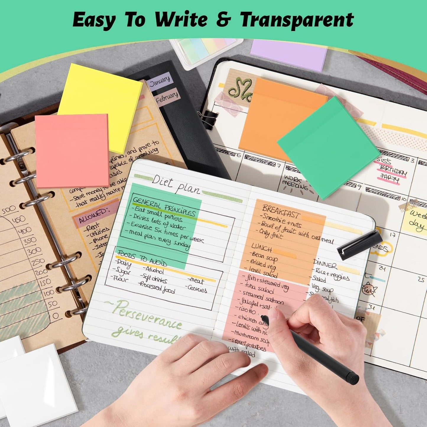 800 Sheets Transparent Sticky Notes, 3x3 Inch 14 Pads Self-Adhesive Translucent Clear See Through Post Sticky Notes for Planner Office School College Teacher Student Supplies 6 Bright Color