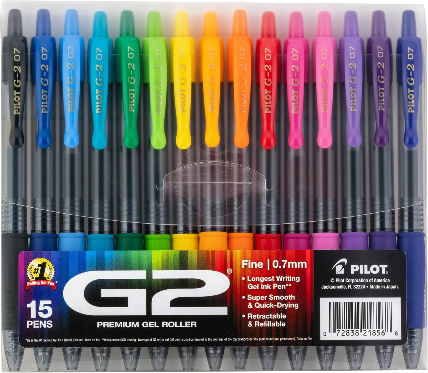 PILOT, G2 Premium Gel Roller Pens, G2 Rainbow Colors Pack, 15 Pack Pouch, Fine Point 0.7 mm, Assorted