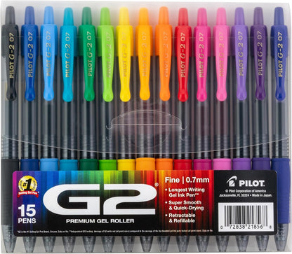 PILOT, G2 Premium Gel Roller Pens, G2 Rainbow Colors Pack, 15 Pack Pouch, Fine Point 0.7 mm, Assorted