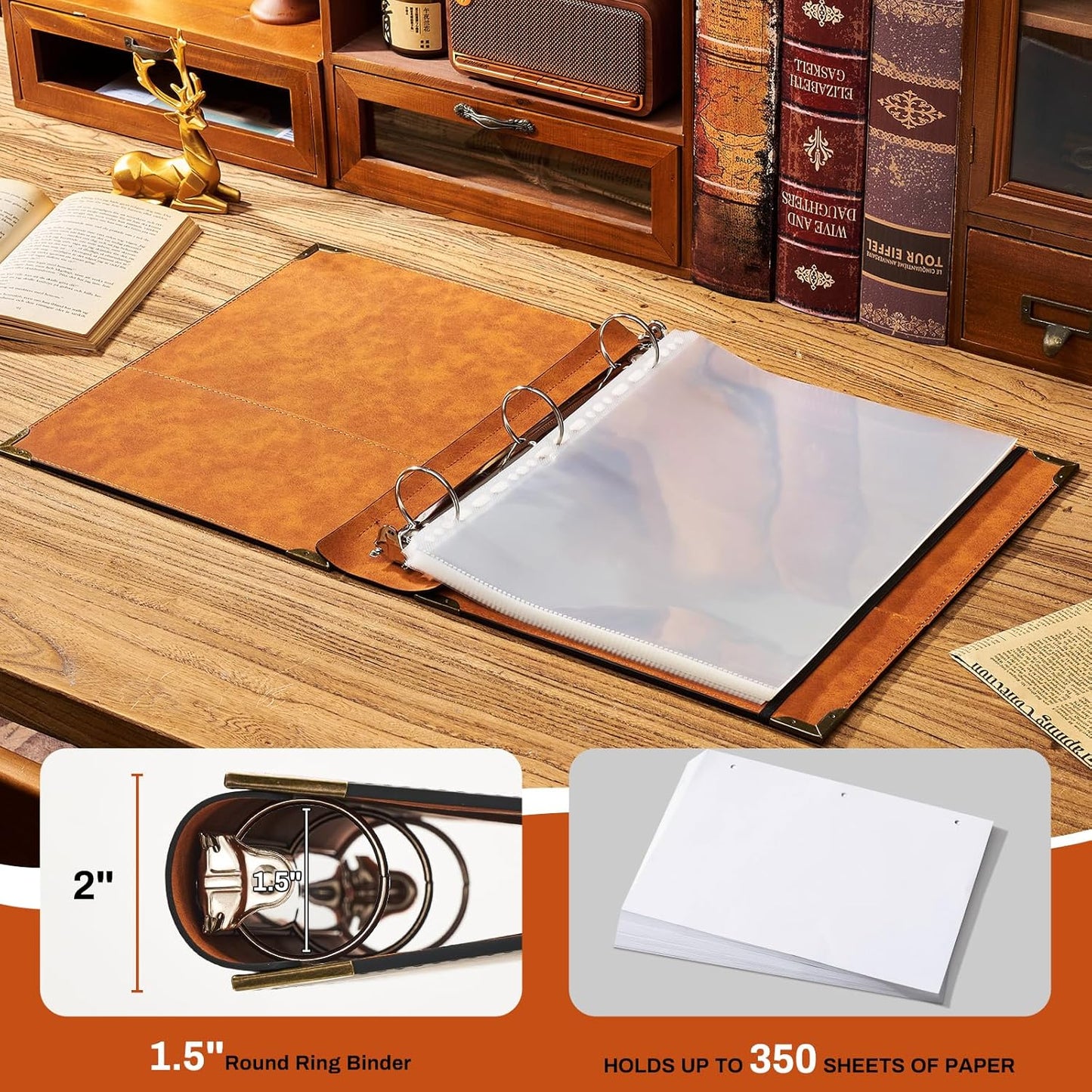 Ovesmusl Leather 3 Ring Binder Fits 8.5"x11" Letter Size Paper, 1 Inch Round Ring Binder Holds 200 Sheets, Notebook Cover Loose Leaf Organizer, Green Tree