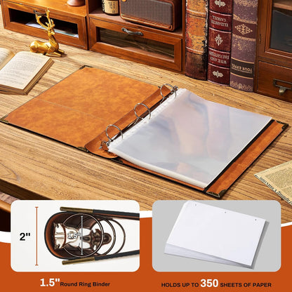 Ovesmusl Leather 3 Ring Binder Fits 8.5"x11" Letter Size Paper, 1 Inch Round Ring Binder Holds 200 Sheets, Notebook Cover Loose Leaf Organizer, Green Tree