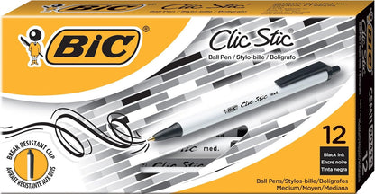BIC Clic Stic Black Retractable Ballpoint Pens, Medium Point (1.0mm), 24-Count Pack, Round Barrel Design for Comfortable Writing