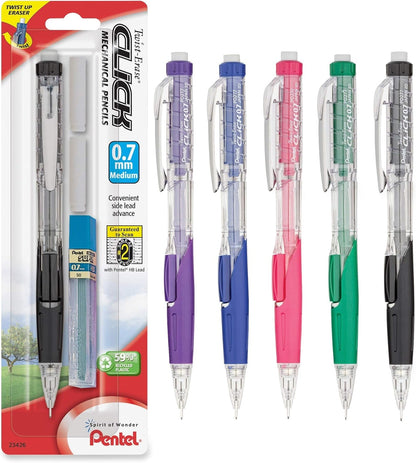 Pentel Twist Erase Click Automatic Pencil with 2 Eraser Refills and Lead, 0.9 mm, Assorted Barrels, Color May Vary, 2 Pack (PD279TLEBP2)