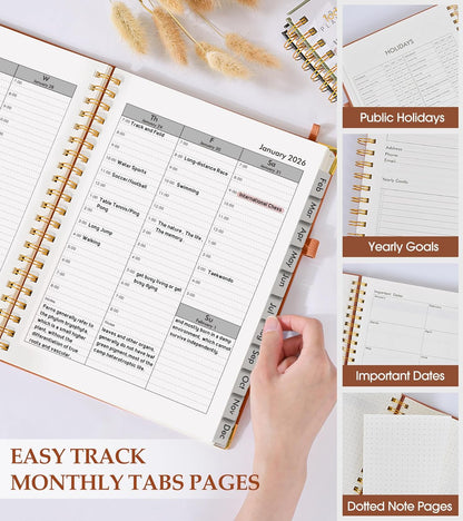 2026 Planner, Weekly and Monthly Calendar Planner from January 2026 - December 2026, 8.5" x 11" Hardcover Leather Hourly Appointment Book with Tabs, Spiral Daily Planners for School Work Home, Green