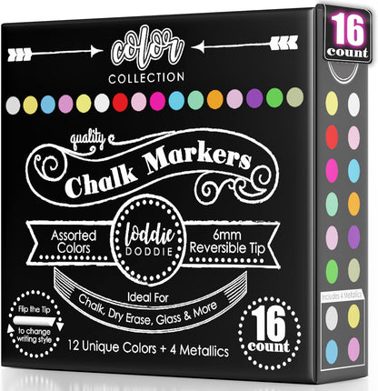 Loddie Doddie Chalk Markers - Pack of 24, 6mm Reversible Tips - Liquid Chalk Pens for Glass Surfaces & Windows - Erasable Pens for Chalkboard Calendar - Non-Toxic Chalkboard Markers