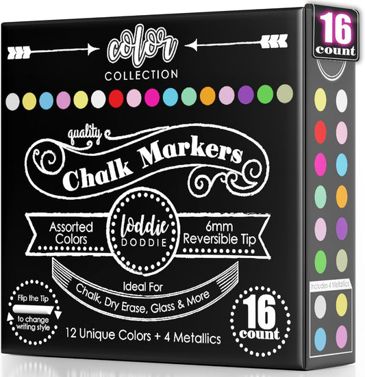 Loddie Doddie Chalk Markers - Pack of 24, 6mm Reversible Tips - Liquid Chalk Pens for Glass Surfaces & Windows - Erasable Pens for Chalkboard Calendar - Non-Toxic Chalkboard Markers