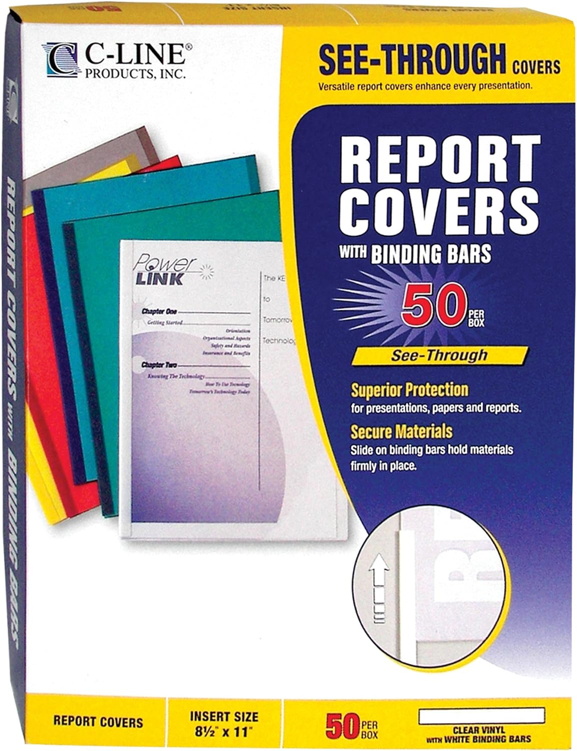 C-Line Report Covers with Binding Bars, Red Vinyl, Red Bars, 8.5 x 11 Inches, 50 per Box (32554)