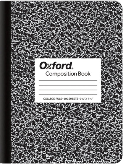 Oxford Composition Notebook, College Ruled Paper, 9-3/4" x 7-1/2", Black Marble Covers, 100 Sheets, 1 Book (63796)