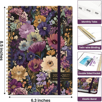 Planner 2026-2027, Academic Year Monthly and Weekly Calendar Planner, Jul 2026 - Jun 2027, Hardcover Teacher Student Planning Agenda book with Tabs, Perfect for School Office Supplies, 6.3" x 8.5" - Wildflowers