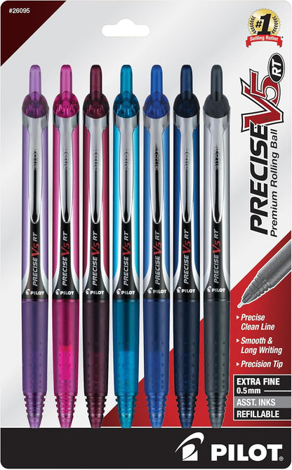 PILOT Precise V5 RT Extra-Fine Premium Retractable Rolling Ball Pens, 0.5mm, Assorted Colors, 8 Count (11890)