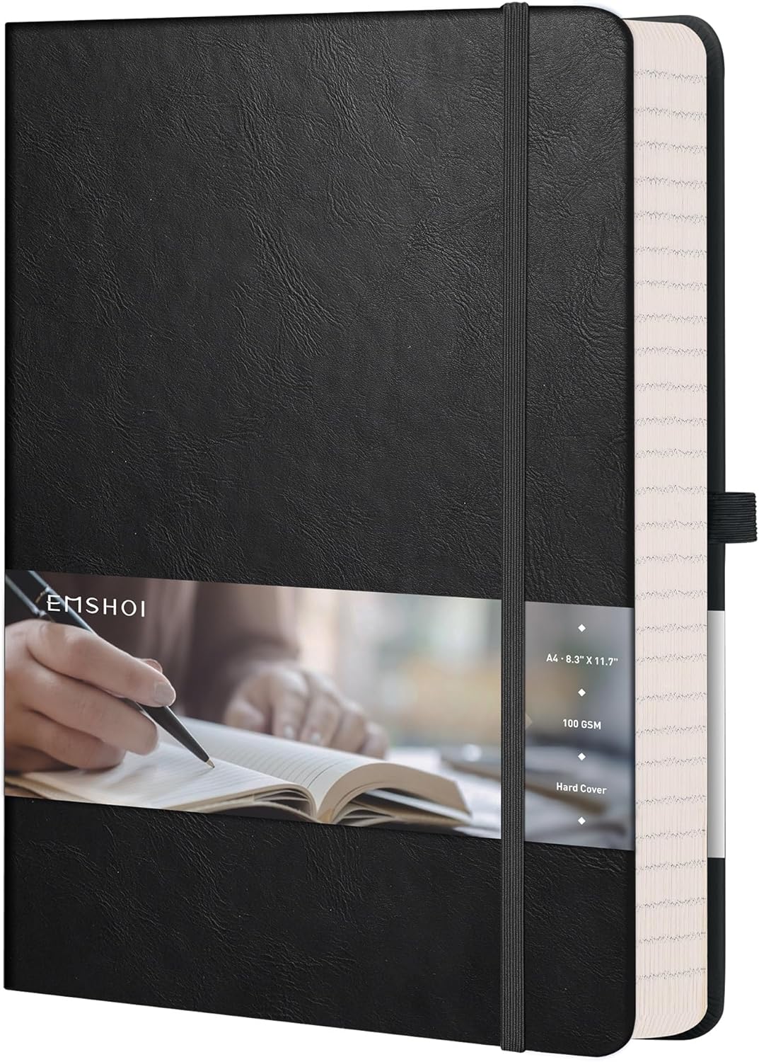EMSHOI A4 College Ruled Notebook, Large 8.3" x 11.7", 192 Pages 100GSM Ink-Proof Faux Leather Hardcover Lay-Flat Lined Journal for Office School Work Writing, Black