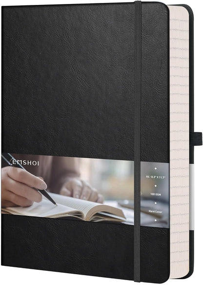 EMSHOI A4 College Ruled Notebook, Large 8.3" x 11.7", 192 Pages 100GSM Ink-Proof Faux Leather Hardcover Lay-Flat Lined Journal for Office School Work Writing, Black
