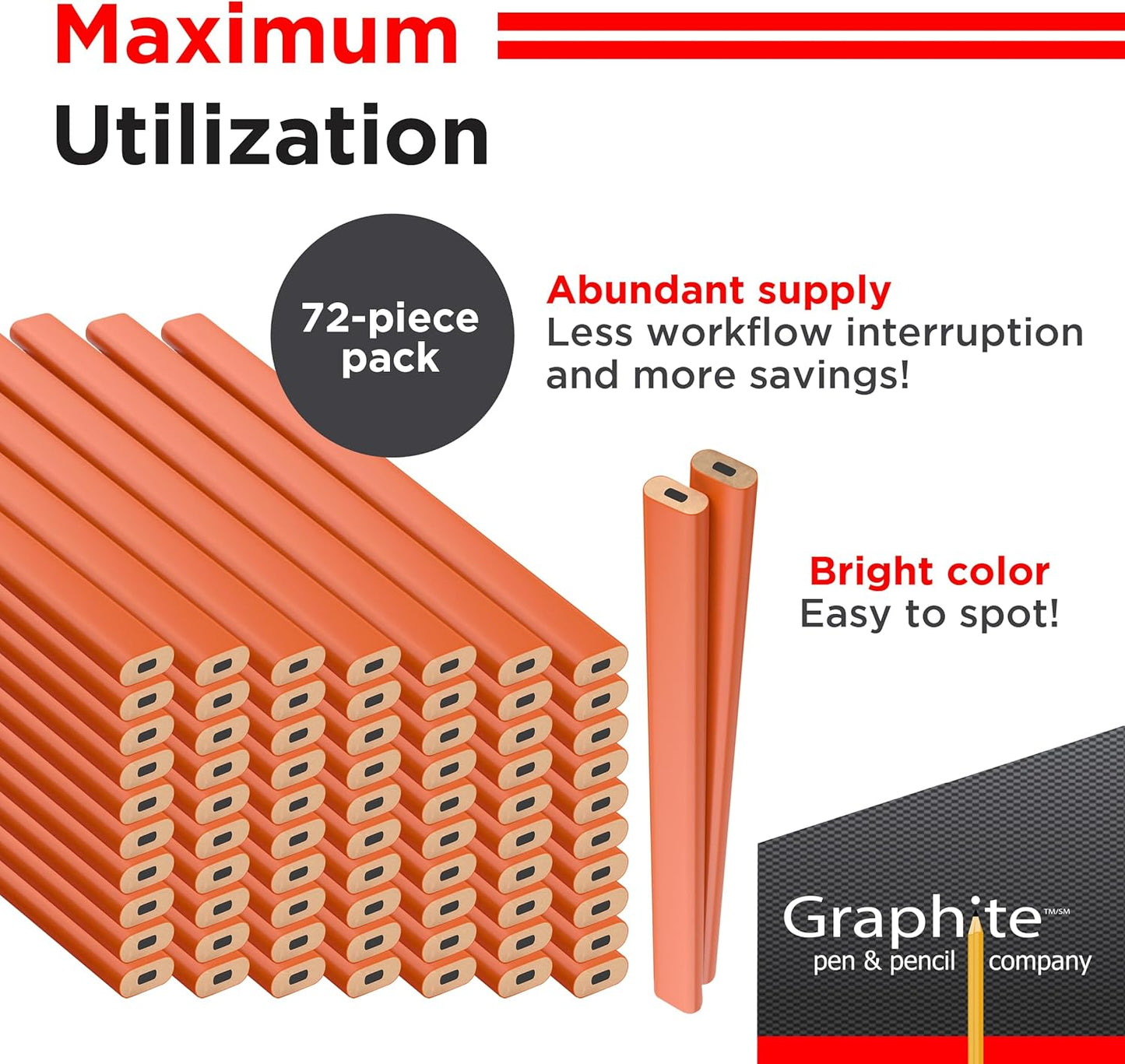 GRAPHITE Hard Lead Carpenter Pencils Bulk - (1) Pack of 12 Pieces Lumber Wooden Pencil #2 (HB) - Red