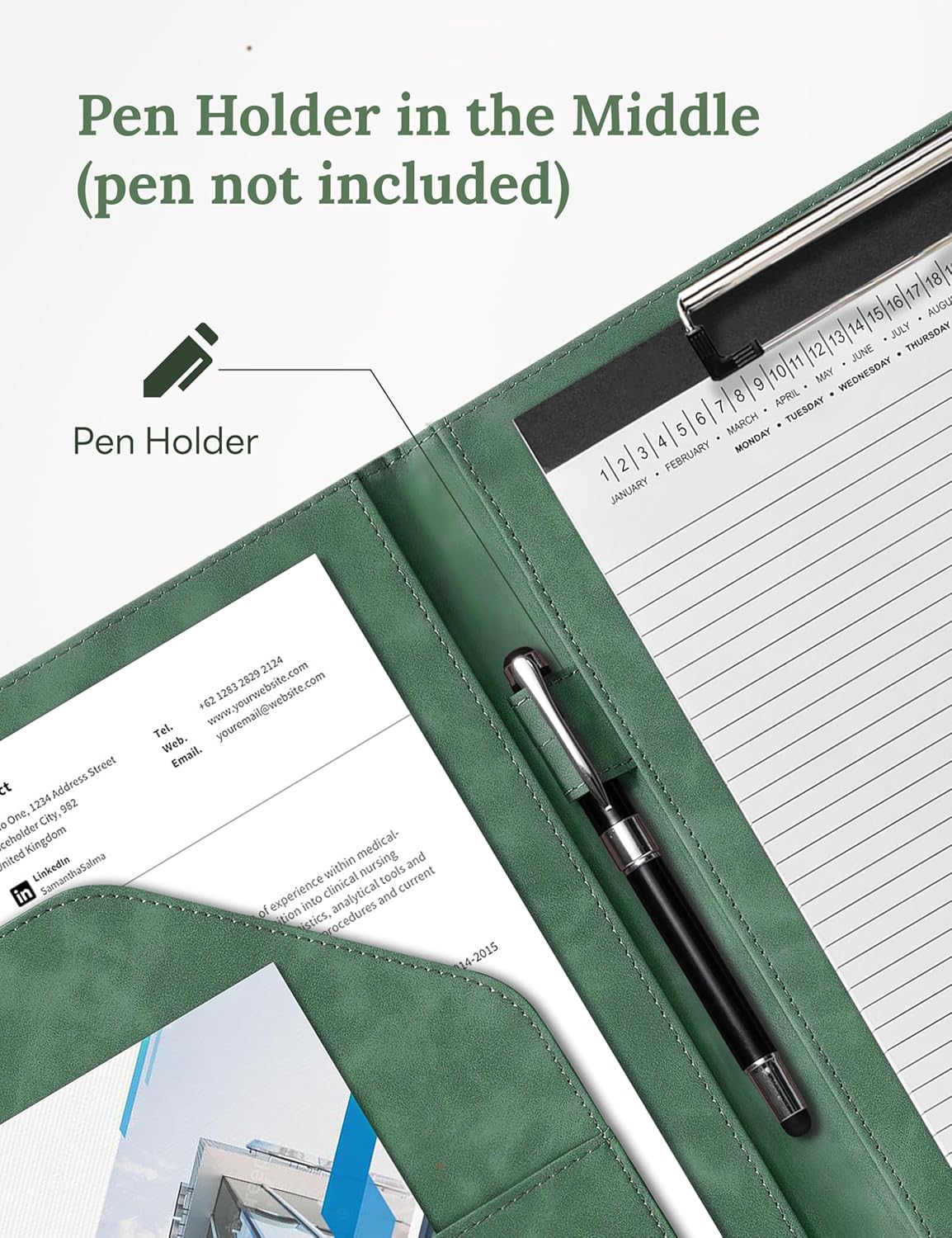 Clipboard Folder Padfolio A4, Mymazn Writing Portfolios Faux Leather Clipboards with Cover for Legal Pad Holder Letter Size 8.5 x 11 for Business Conference Notepad Clip Board (Gray Green)