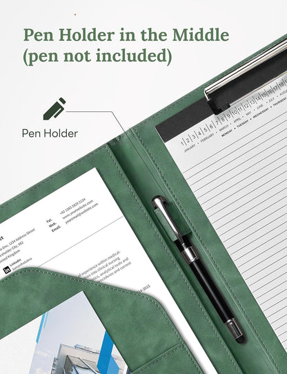 Clipboard Folder Padfolio A4, Mymazn Writing Portfolios Faux Leather Clipboards with Cover for Legal Pad Holder Letter Size 8.5 x 11 for Business Conference Notepad Clip Board (Gray Green)