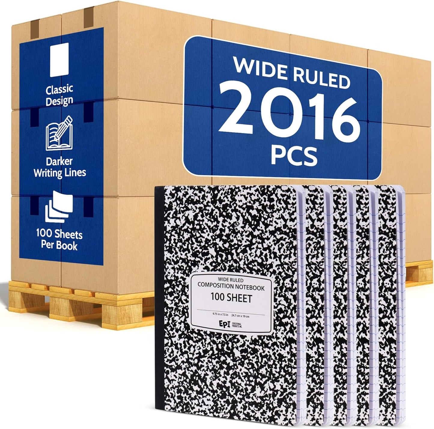 48 Pack - EPI Marble Hardcover Wide Ruled Composition Notebook | 200 Pages (100 Sheets), 9.75 x 7.5 in, Sturdy Sewn Binding | School, Office, Journaling, Notes