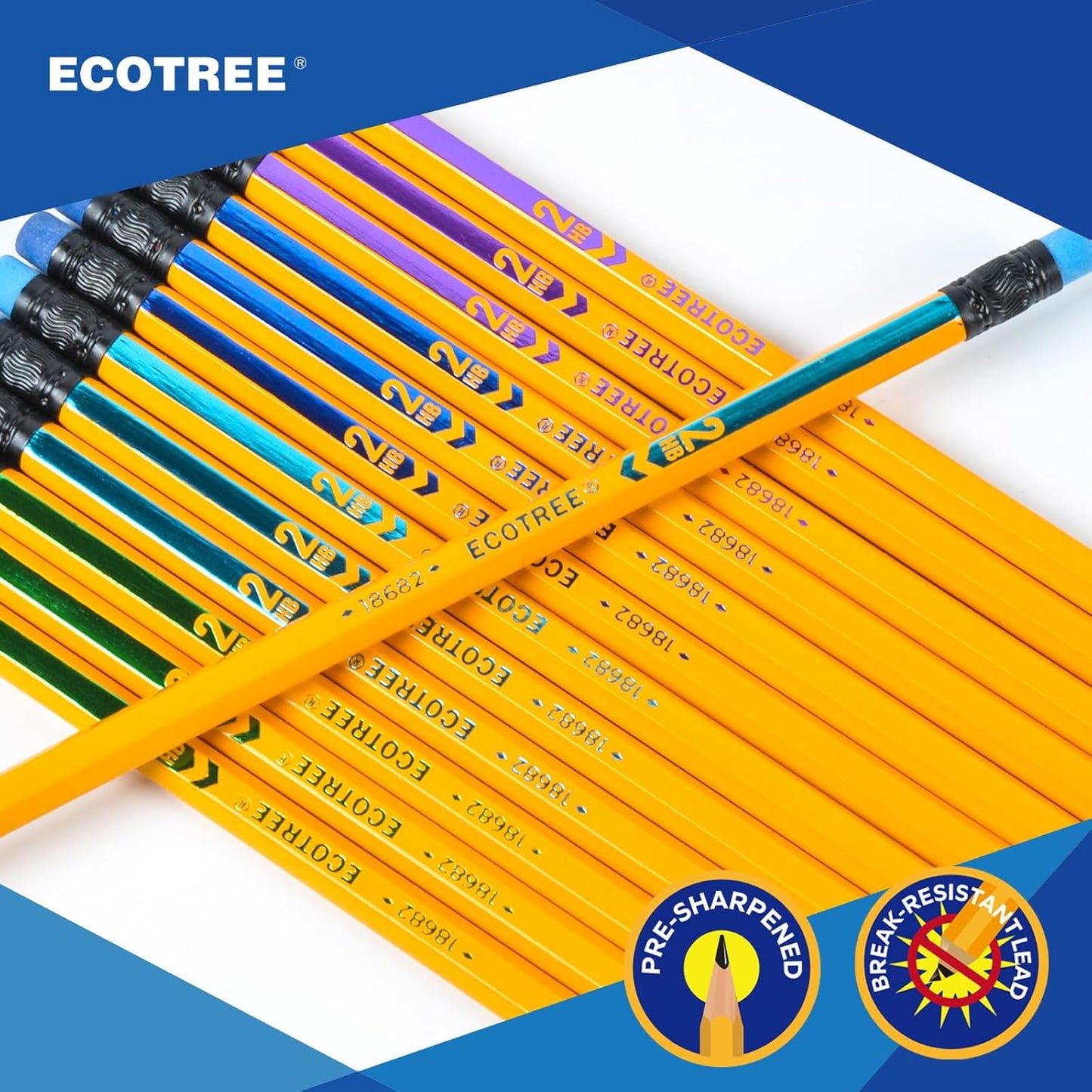 ECOTREE Pre-Sharpened Pencils #2 HB, Wood-Cased Number 2 Pencils with Erasers for Writing, Drawing, Sketching, Yellow Pencil Bulk for School Teacher Supplies, 48 Count