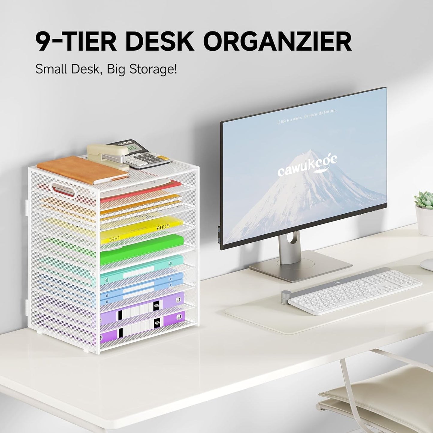 Cawukege 9 Tier Paper Organizer with Handle, Black Large Capacity Desk Organizer Mesh File Folder Letter Paper Tray Desktop Document Sorter for Classroom, School, and Office Accessories Organization