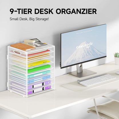 Cawukege 9 Tier Paper Organizer with Handle, Black Large Capacity Desk Organizer Mesh File Folder Letter Paper Tray Desktop Document Sorter for Classroom, School, and Office Accessories Organization