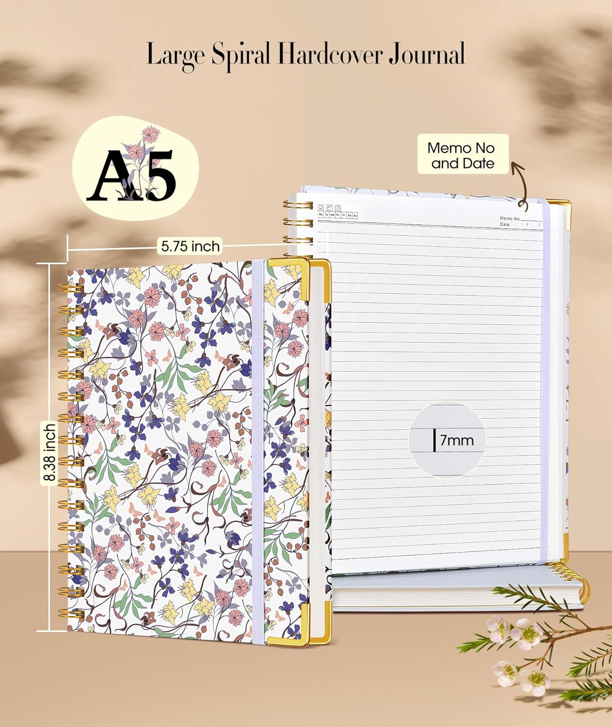 Cute Spiral Notebook Journal for Women, 200 Pages Lined Notebooks 8.5” x 11”, A4 Large Hardcover Spiral Journals with 100 GSM Thick Paper, College Ruled Notebook for Writing Work School, Orange Floral