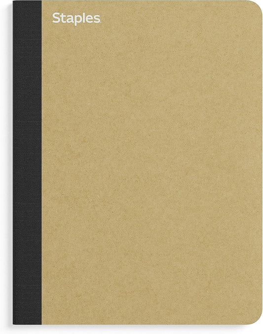 STAPLES Premium Composition Notebook, 7.5” x 9.75”, Wide Ruled, 100 Sheets, Brown, 3‑Pack
