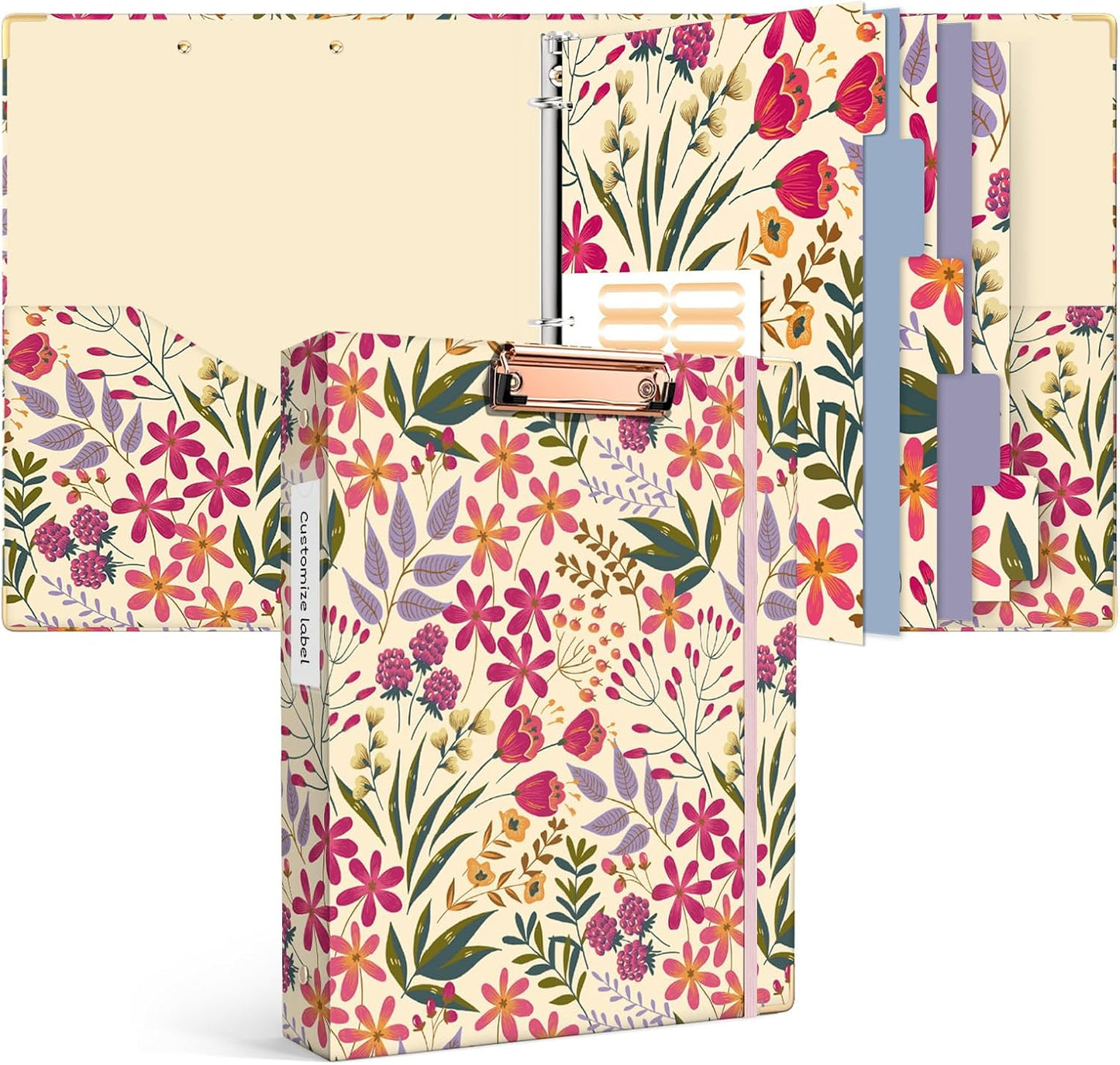 Ospelelf Binder 3 Ring 1 Inch, Floral Round Ring Clipboard Binder for Letter Size with 5 Tab Dividers, File Folder Labels, for School and Office Supplies
