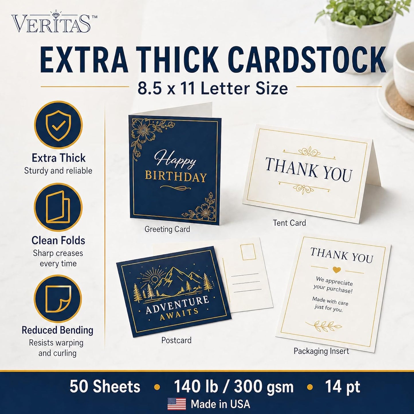 Veritas White Cardstock 8.5 x 11”, 110LB Index/199GSM Heavyweight Card Stock, 100 Sheets, Thick Cardstock Printer Paper for Copy, Printing, Art Projects, Invitations, Made In USA