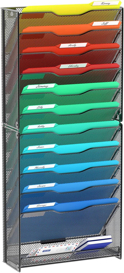 samstar 10 Tier Wall File Organizer, Hanging Wall Mount File Holder Paper Folder Mail Organizer, Mesh Metal, Black.