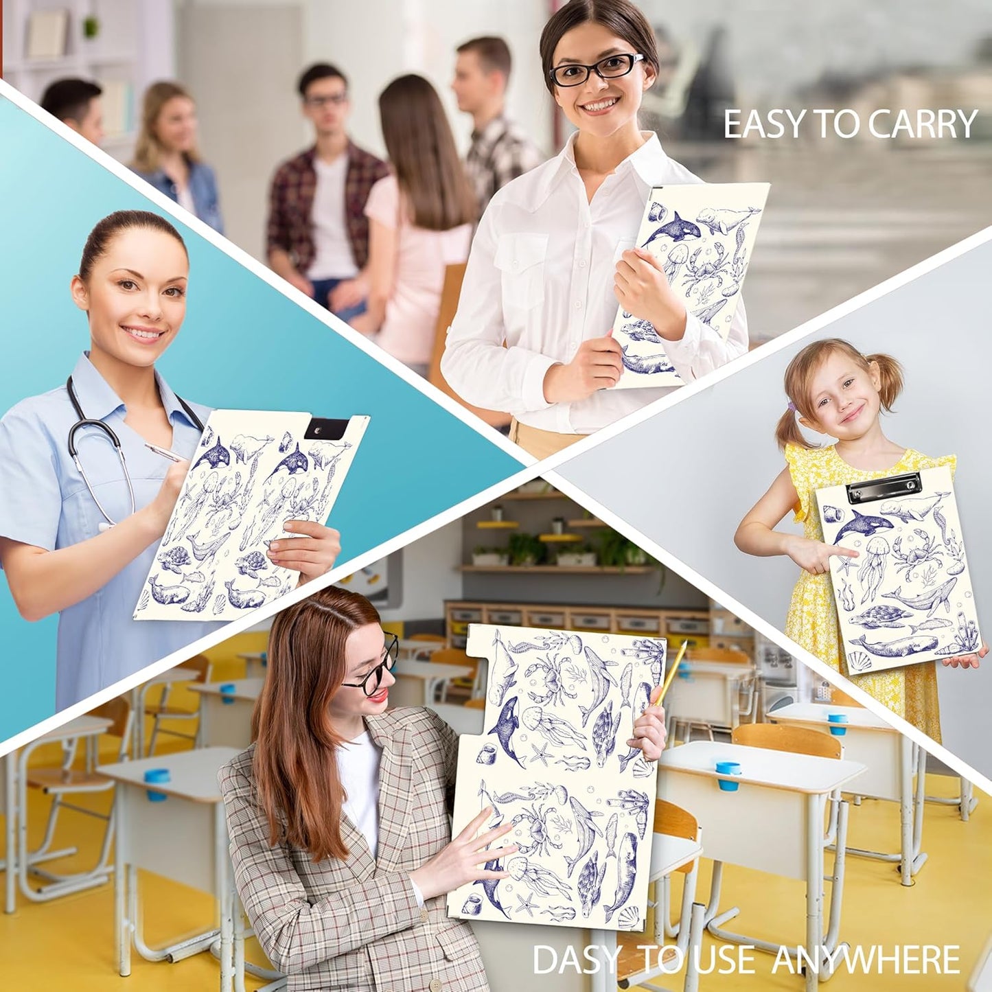 Ku-dayi Coastal Ocean Beach Clipboard Padfolio with Storage Pocket, Blue and White Sea Animals Jellyfish Whale Shark Sea Turtle Crab Low Profile Clip Boards for Nurse Office Classroom, 12.4 x 9.25 in